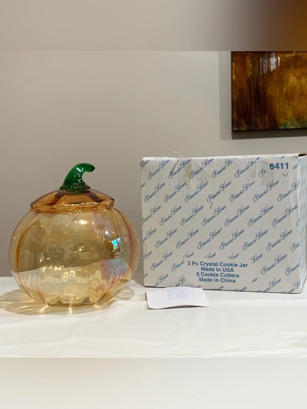 Princess House Crystal Pumpkin Cookie Jar #6411 Orange Iridescent w/ Lid & Box